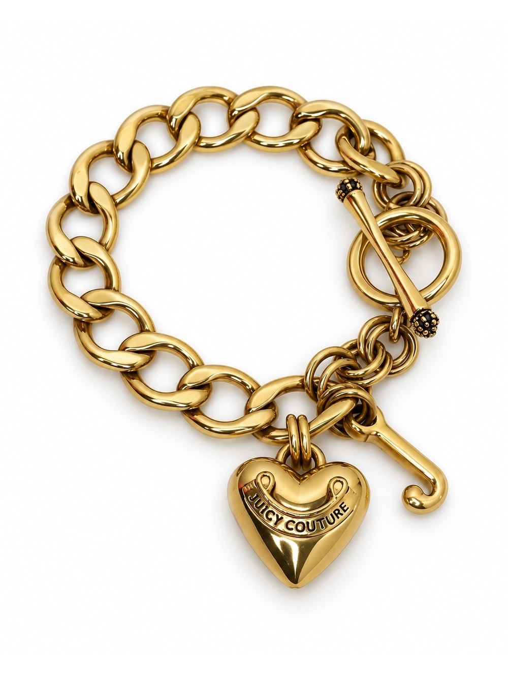 Vintage Juicy Couture Gold Puffy Heart J Charm Toggle Bracelet Y2K